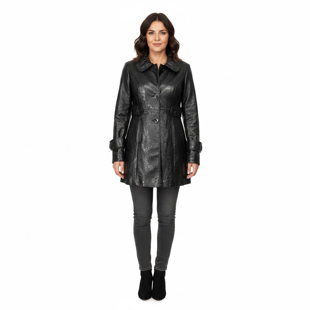 Faux Leather Crinkle Pea Coat